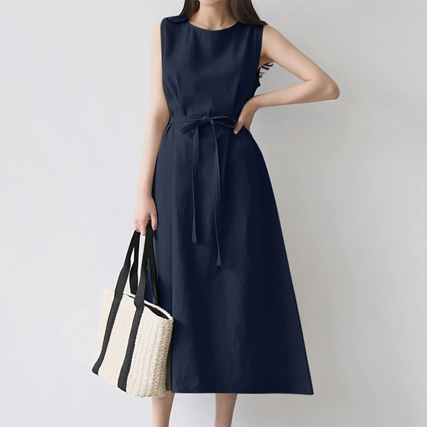 Short Sleeve Floral Dress Comfy Midi Dresss Summer Crewneck Tie Waist Solid Beach Tank Dress Long Dresses Spring