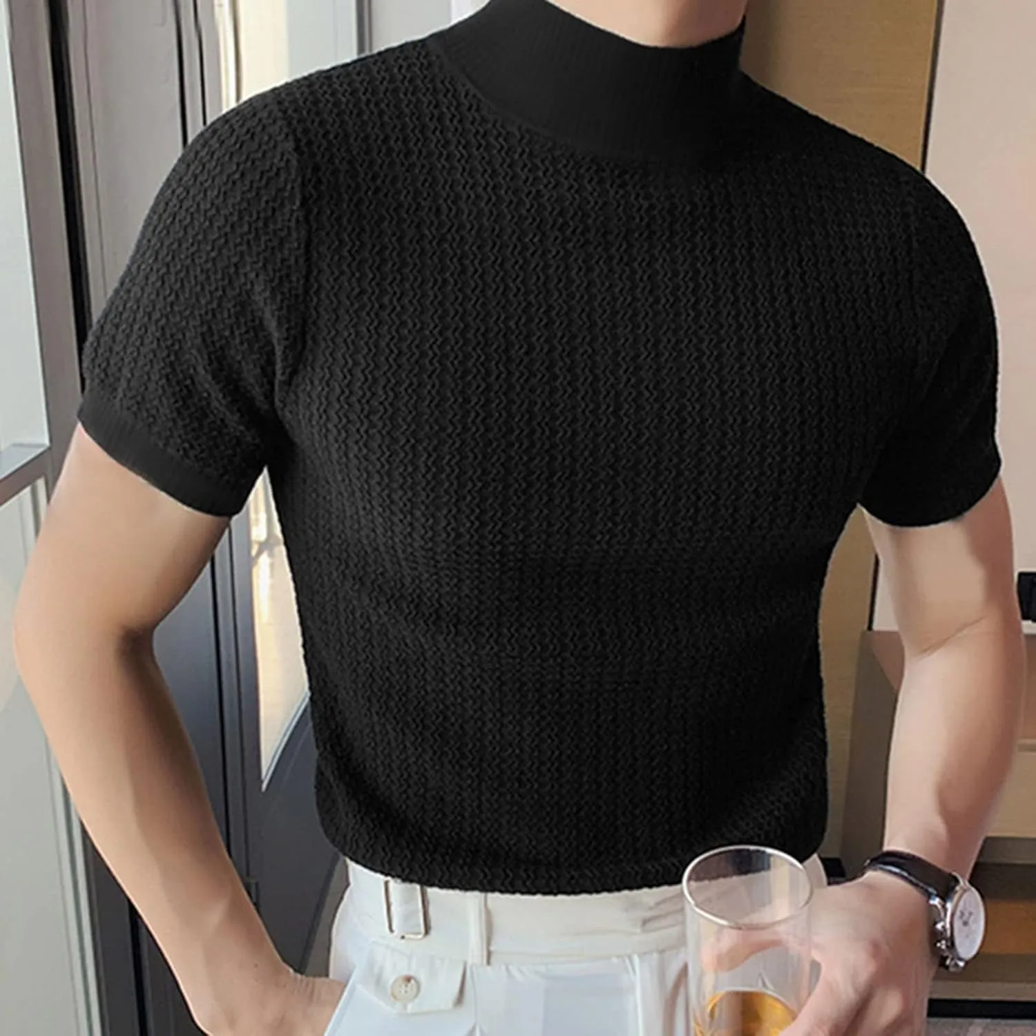 Short Sleeve Turtleneck Men Fall Thermal High Collar Pullover Solid Tops Casual Turtleneck Mock Neck Slim T Shirt