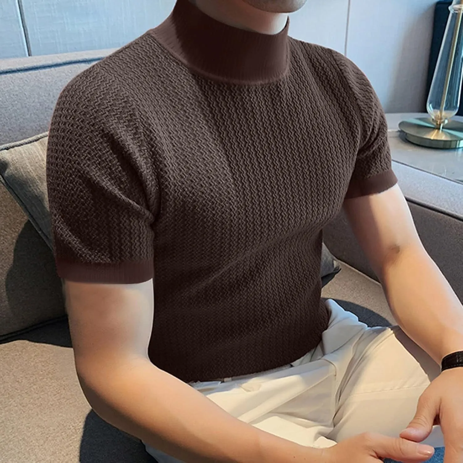 Short Sleeve Turtleneck Men Fall Thermal High Collar Pullover Solid Tops Casual Turtleneck Mock Neck Slim T Shirt