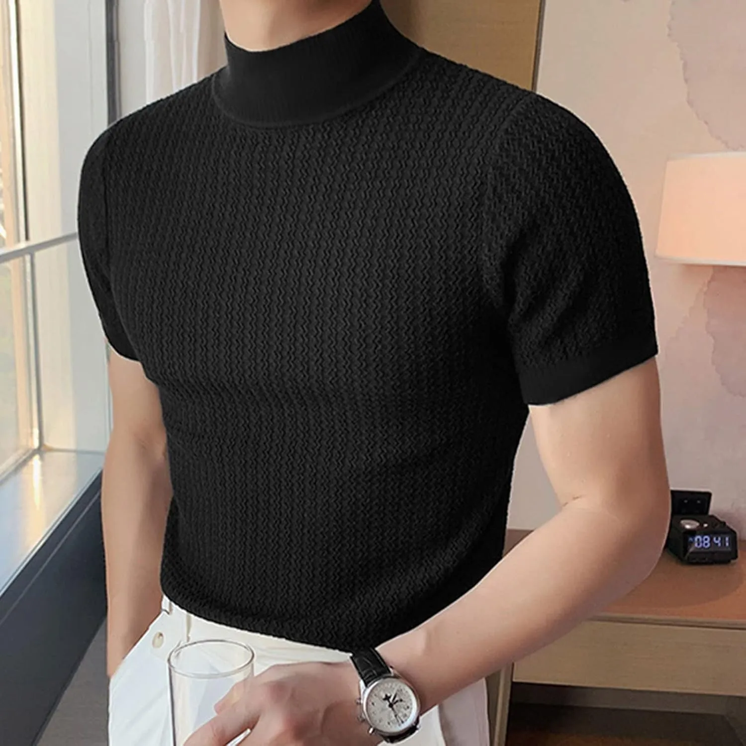 Short Sleeve Turtleneck Men Fall Thermal High Collar Pullover Solid Tops Casual Turtleneck Mock Neck Slim T Shirt