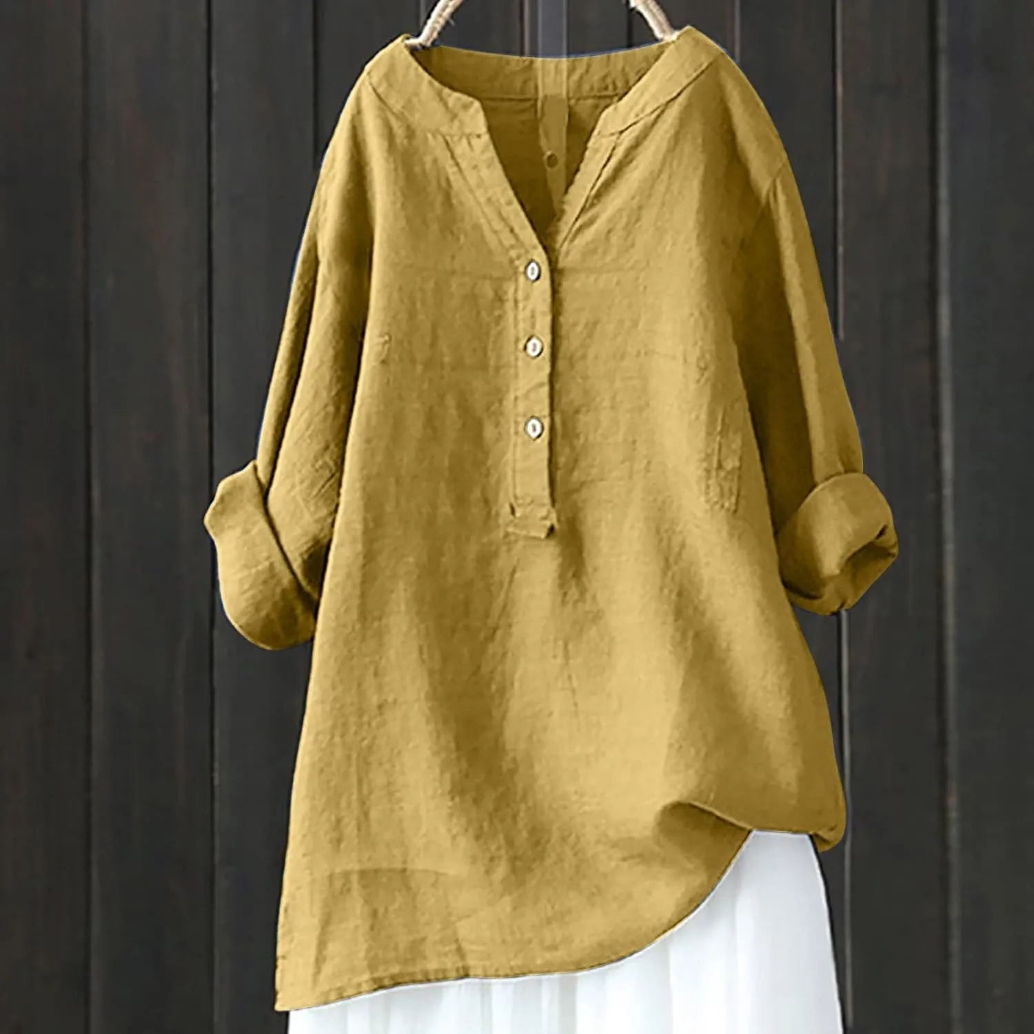 SMIDOW Womens Summer Tops 2023 Plus Size Cotton Linen Shirts Long Sleeve Button Down v Neck t-Shirt Casual Loose Blouses