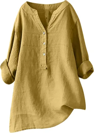 SMIDOW Womens Summer Tops 2023 Plus Size Cotton Linen Shirts Long Sleeve Button Down v Neck t-Shirt Casual Loose Blouses