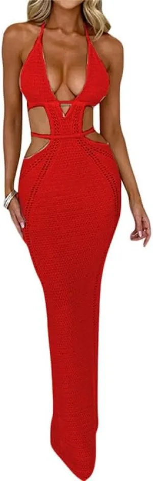 Spaghetti Strap Sleeveless Cut Out Maxi Dress Backless Slim Fit Split Long Dress Halter Night Party Dress Summer Wear