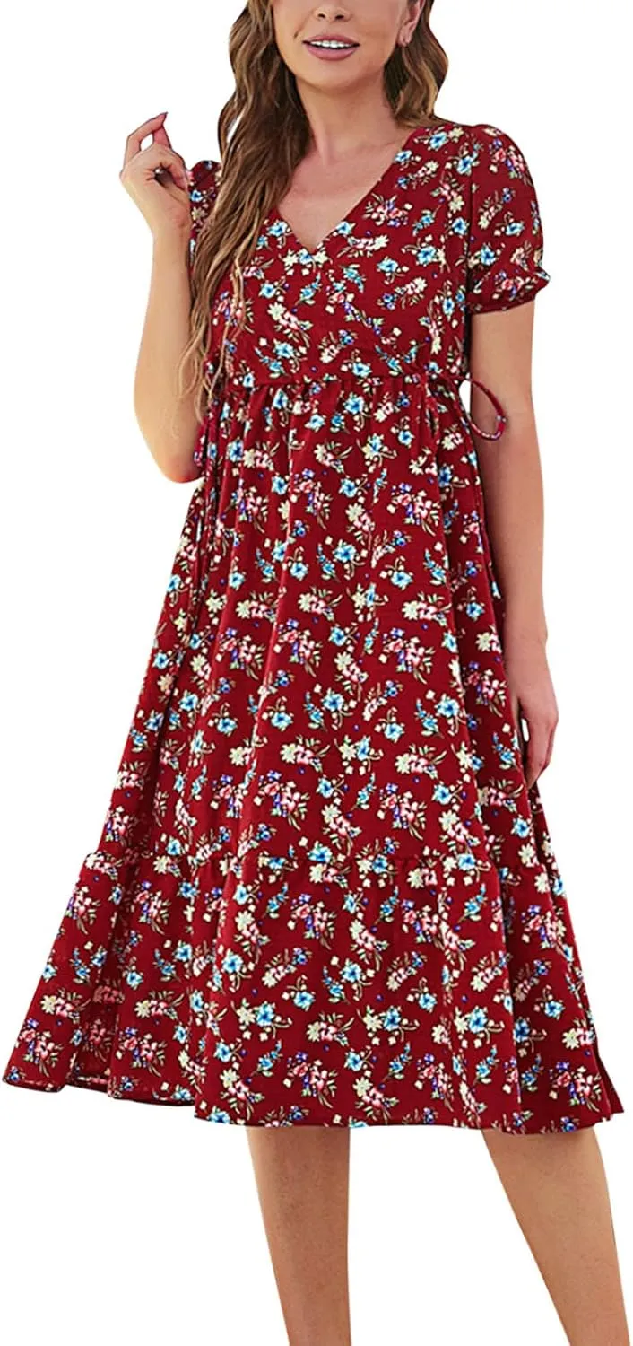 Spring Dresses for Women 2025 Swing Midi Dress Short Sleeve V Neck Boho Casual Summer Beach Vacation Clothes