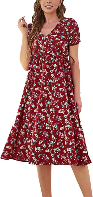 Spring Dresses for Women 2025 Swing Midi Dress Short Sleeve V Neck Boho Casual Summer Beach Vacation Clothes