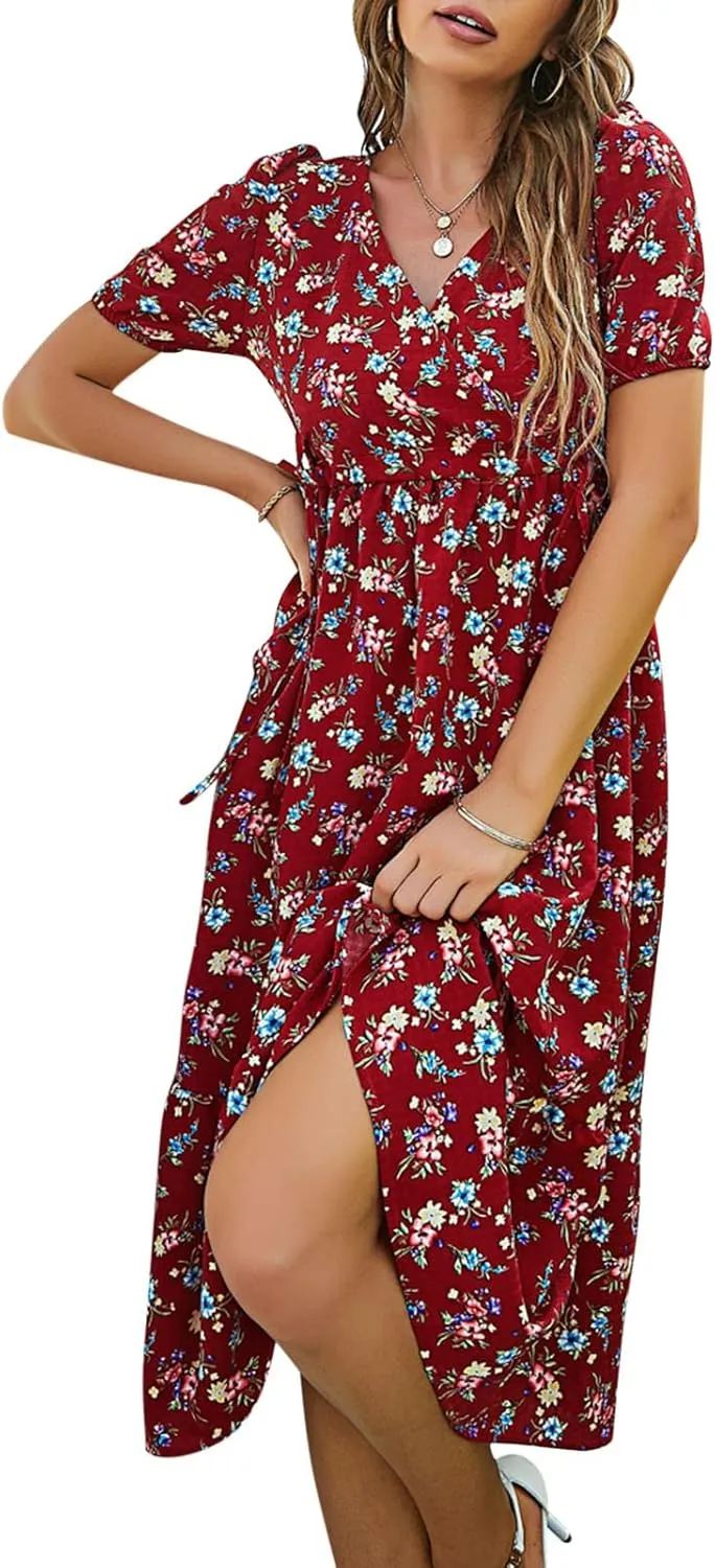 Spring Dresses for Women 2025 Swing Midi Dress Short Sleeve V Neck Boho Casual Summer Beach Vacation Clothes