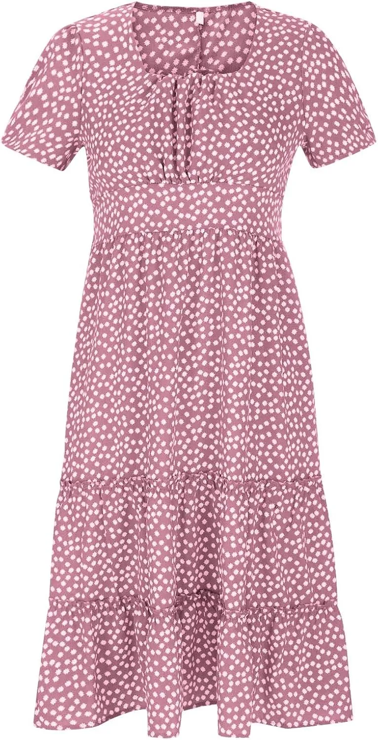 Spring Dresses for Women Floral Maxi Dress Beach Vacation Clothes Short Sleeve Casual Summer Ruffled Flowy Sundresses