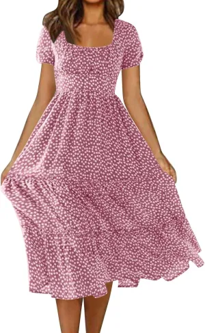Spring Dresses for Women Floral Maxi Dress Beach Vacation Clothes Short Sleeve Casual Summer Ruffled Flowy Sundresses