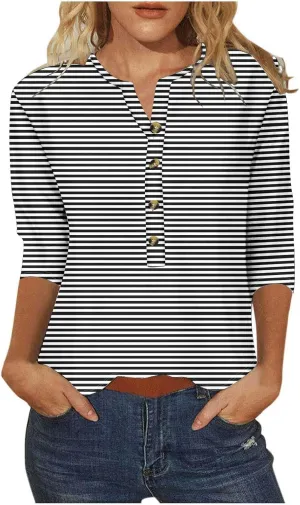 Spring Tops for Women 2025 Trendy Casual 3/4 Sleeve V Neck Button Blouses Business Wear Dressy Ladies Shirts Clothing