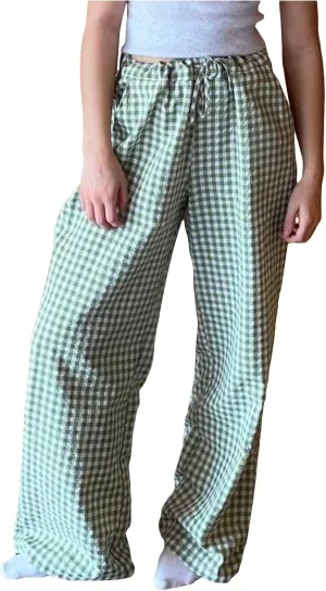 Striped Lounge Pants Womens Plaid Checkered Wide Leg Pajama Pj Pants Y2k Comfy Linen Drawstring Gingham Sleep Pants