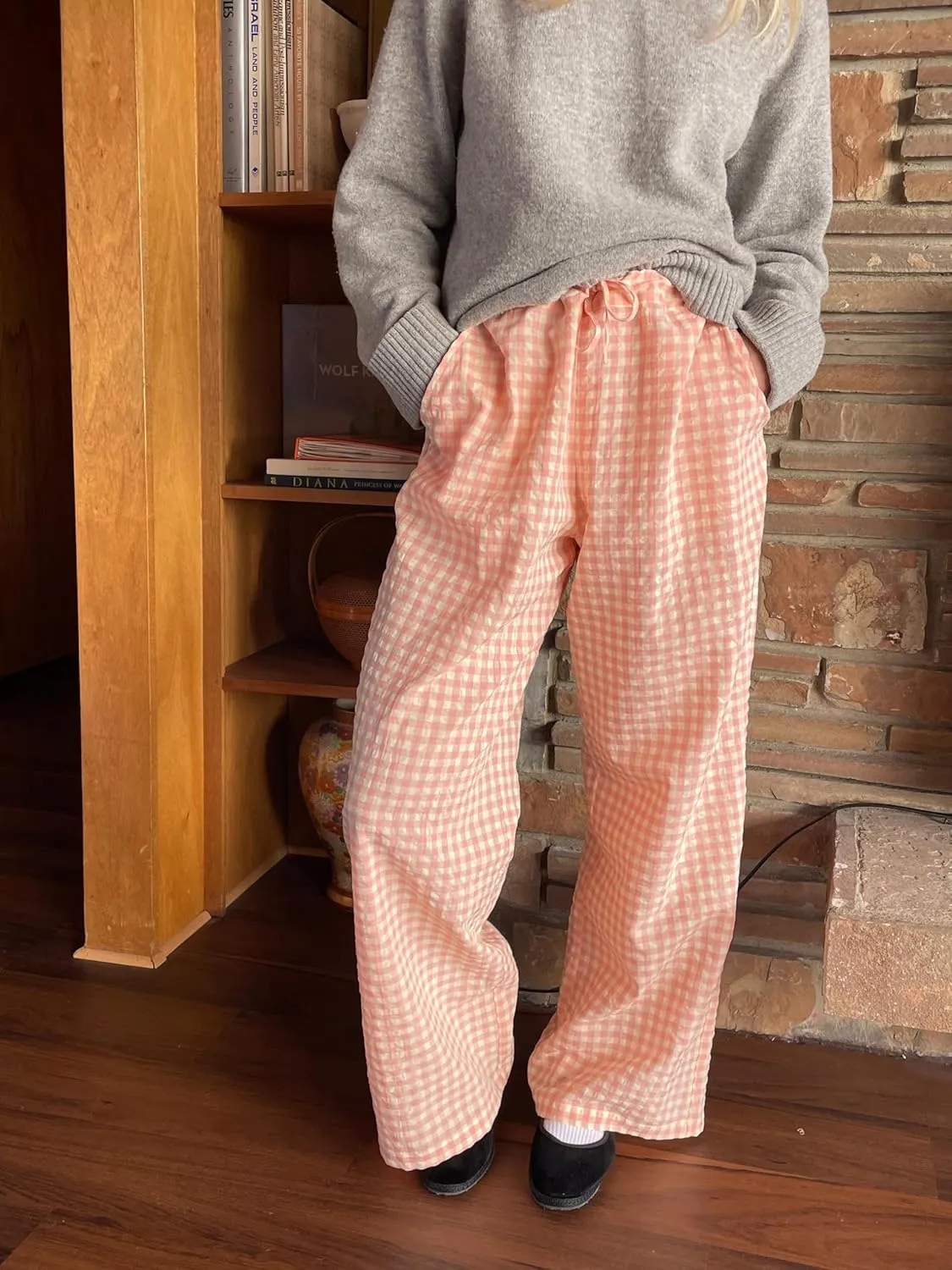 Striped Lounge Pants Womens Plaid Checkered Wide Leg Pajama Pj Pants Y2k Comfy Linen Drawstring Gingham Sleep Pants