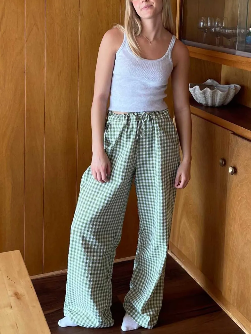 Striped Lounge Pants Womens Plaid Checkered Wide Leg Pajama Pj Pants Y2k Comfy Linen Drawstring Gingham Sleep Pants