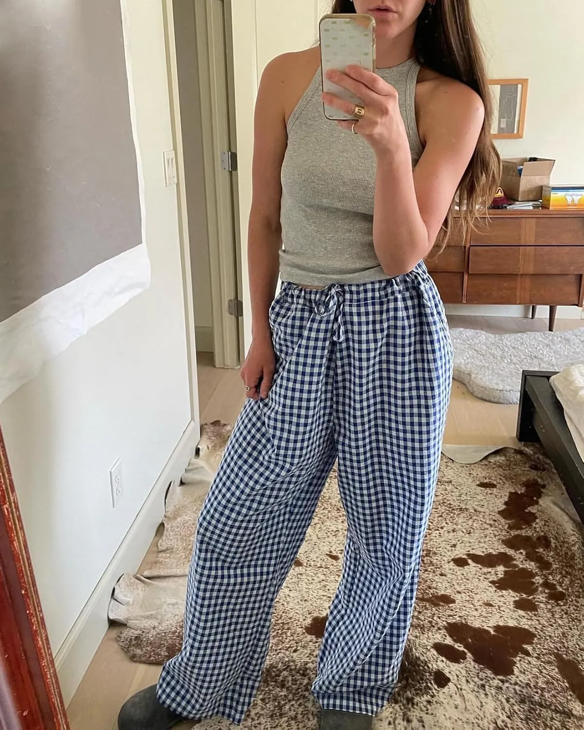 Striped Lounge Pants Womens Plaid Checkered Wide Leg Pajama Pj Pants Y2k Comfy Linen Drawstring Gingham Sleep Pants