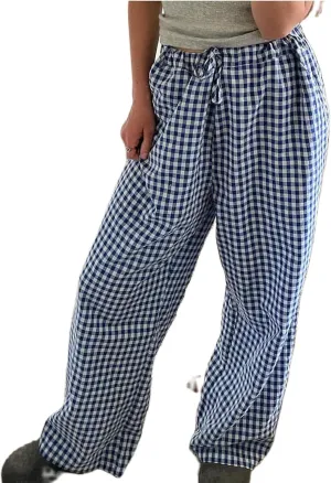 Striped Lounge Pants Womens Plaid Checkered Wide Leg Pajama Pj Pants Y2k Comfy Linen Drawstring Gingham Sleep Pants