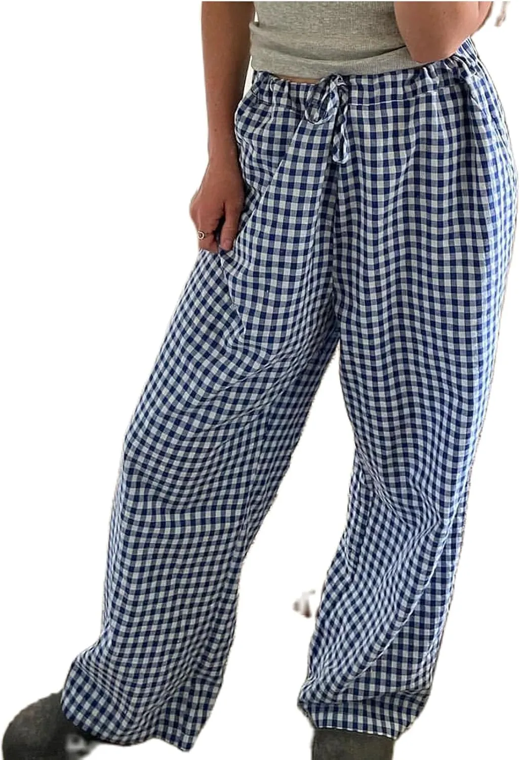 Striped Lounge Pants Womens Plaid Checkered Wide Leg Pajama Pj Pants Y2k Comfy Linen Drawstring Gingham Sleep Pants