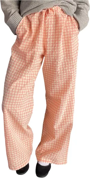 Striped Lounge Pants Womens Plaid Checkered Wide Leg Pajama Pj Pants Y2k Comfy Linen Drawstring Gingham Sleep Pants