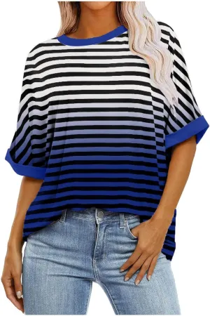 Striped Shirt for Women Summer Short Sleeve Crewneck Oversized T Shirt Color Block Tee Shirt Loose Fit Pullover Tops