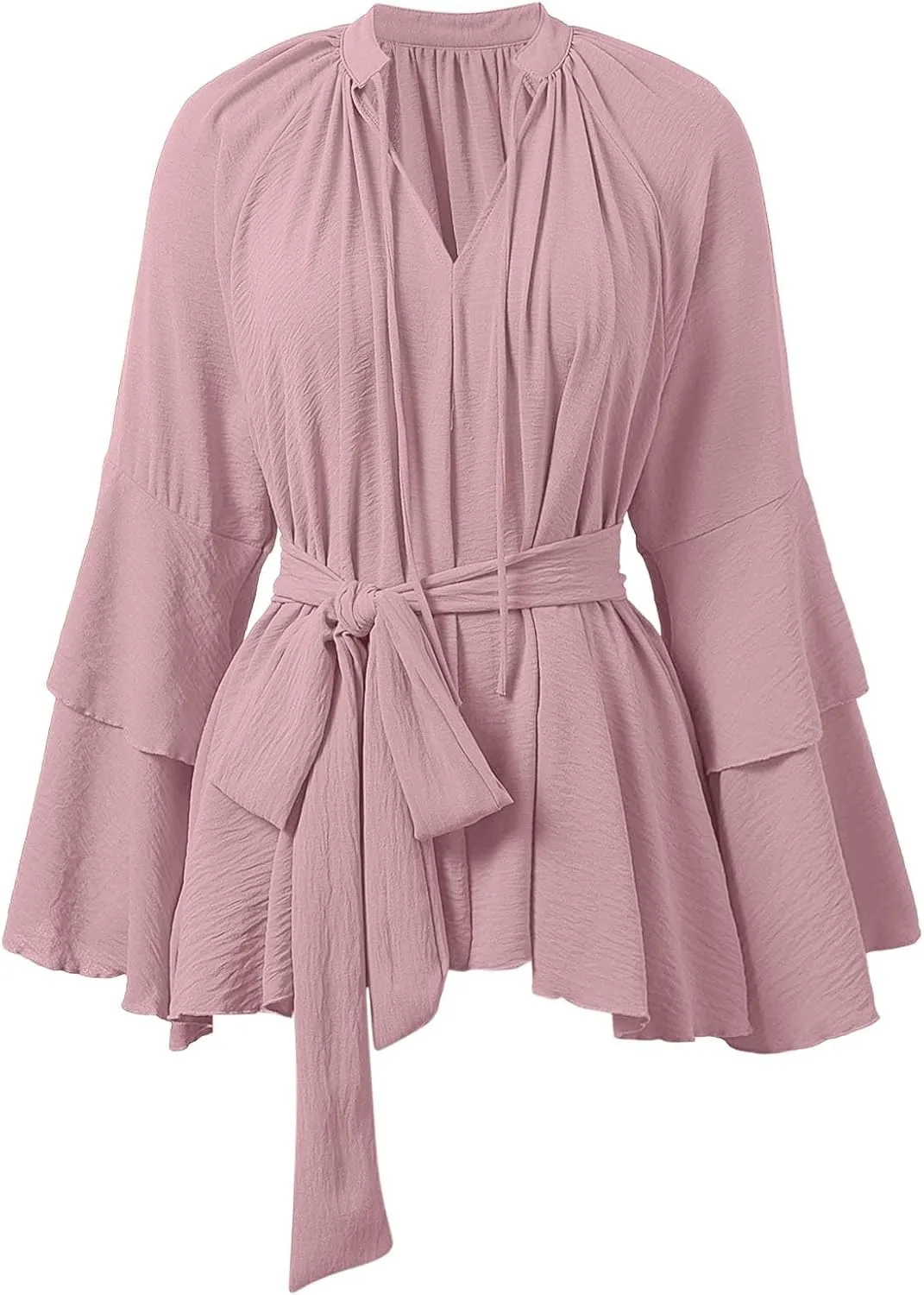 Summer Church Dresses for Women Cute Flowy Tiered Long Sleeve Tie Belt Shirt Mini Dress Petite Evening Party Beach Cover Ups