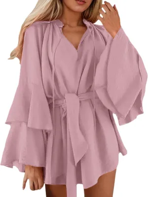 Summer Church Dresses for Women Cute Flowy Tiered Long Sleeve Tie Belt Shirt Mini Dress Petite Evening Party Beach Cover Ups
