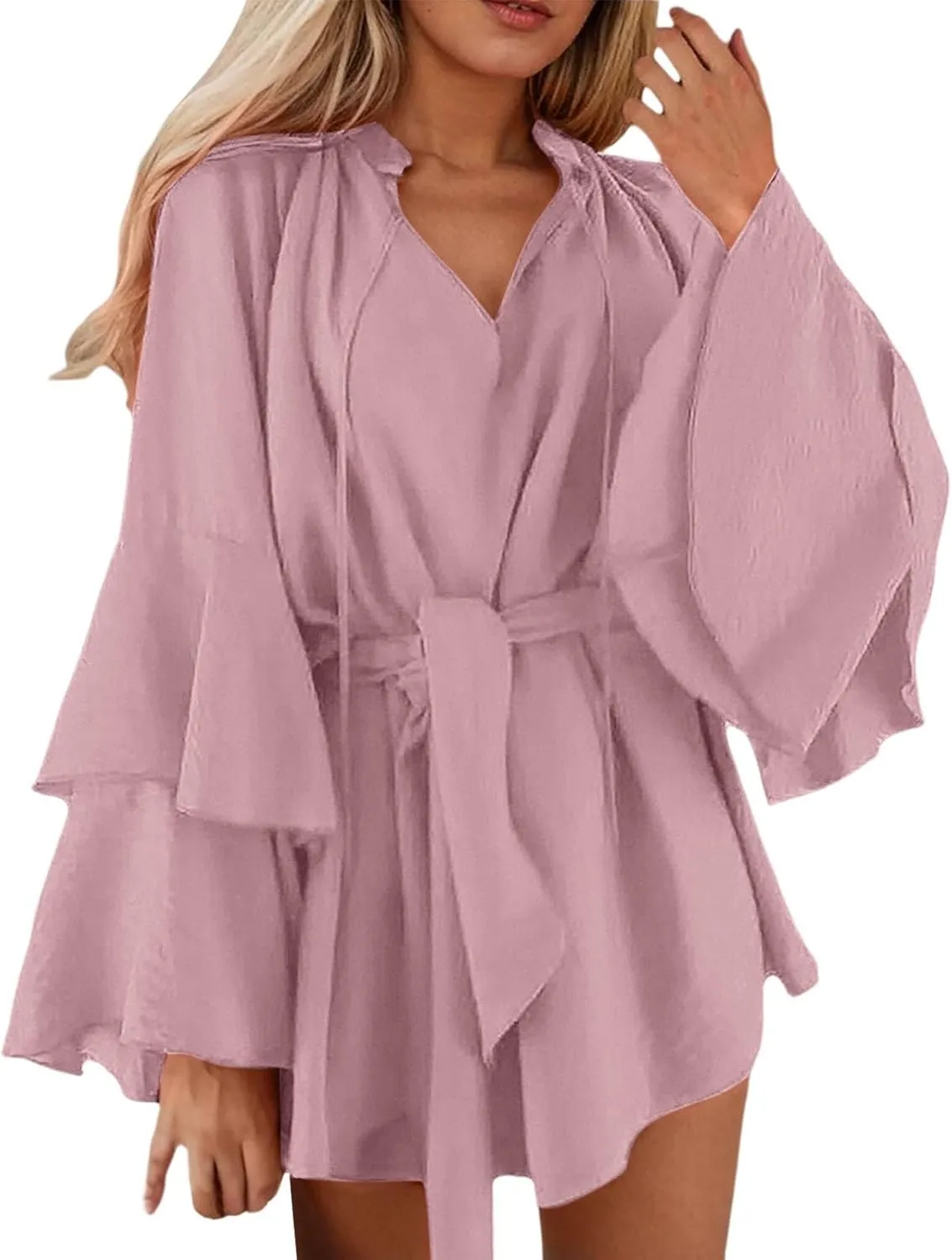Summer Church Dresses for Women Cute Flowy Tiered Long Sleeve Tie Belt Shirt Mini Dress Petite Evening Party Beach Cover Ups