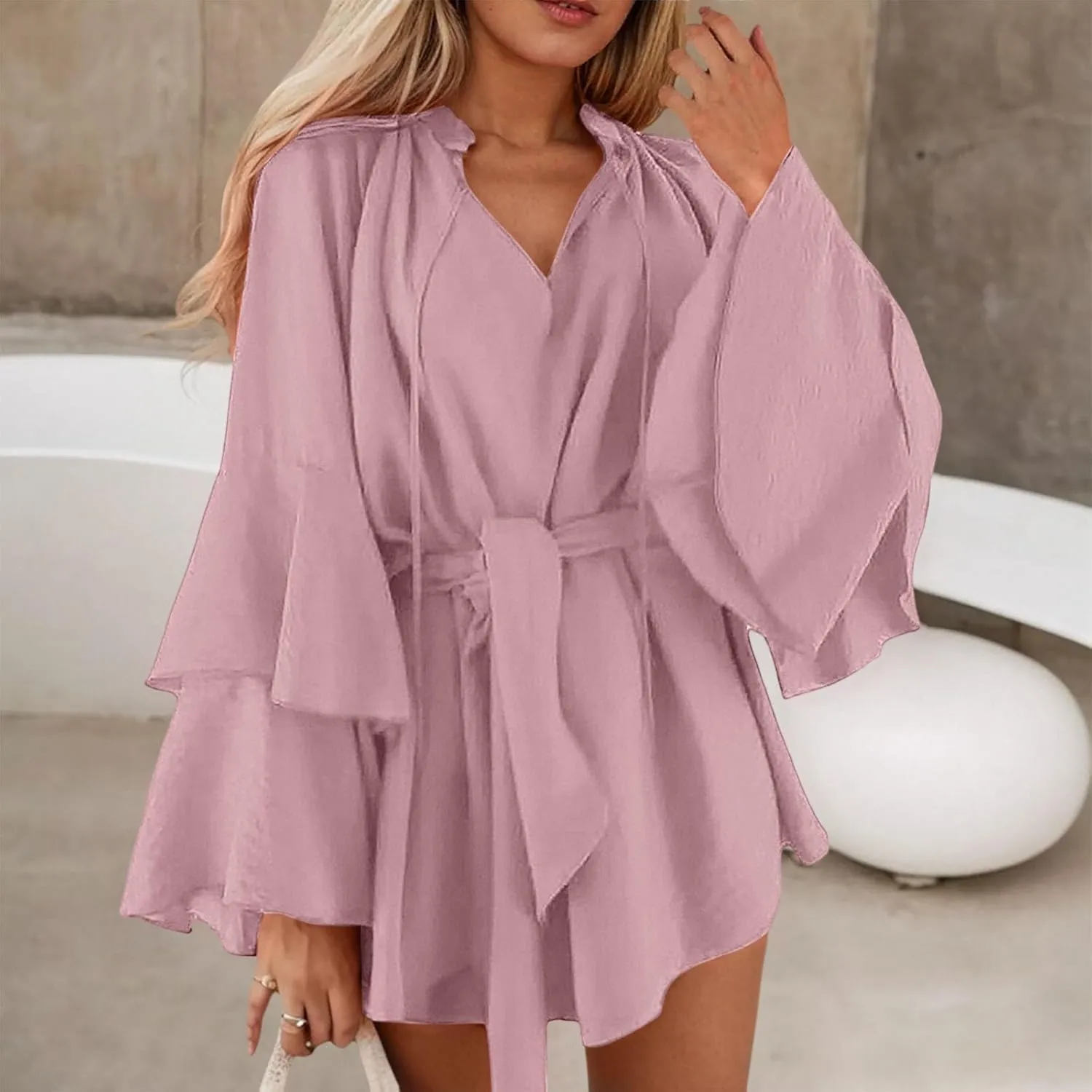 Summer Church Dresses for Women Cute Flowy Tiered Long Sleeve Tie Belt Shirt Mini Dress Petite Evening Party Beach Cover Ups