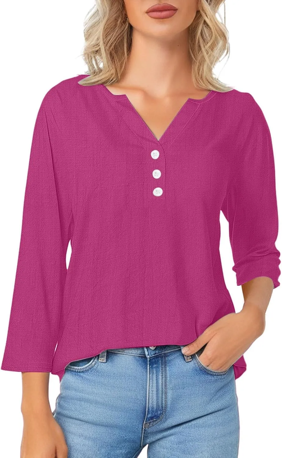 Summer Cotton Linen Shirts for Women 2025 Fashion Solid Color V Neck 3/4 Sleeve Tops Plus Size Casual Loose Blouses