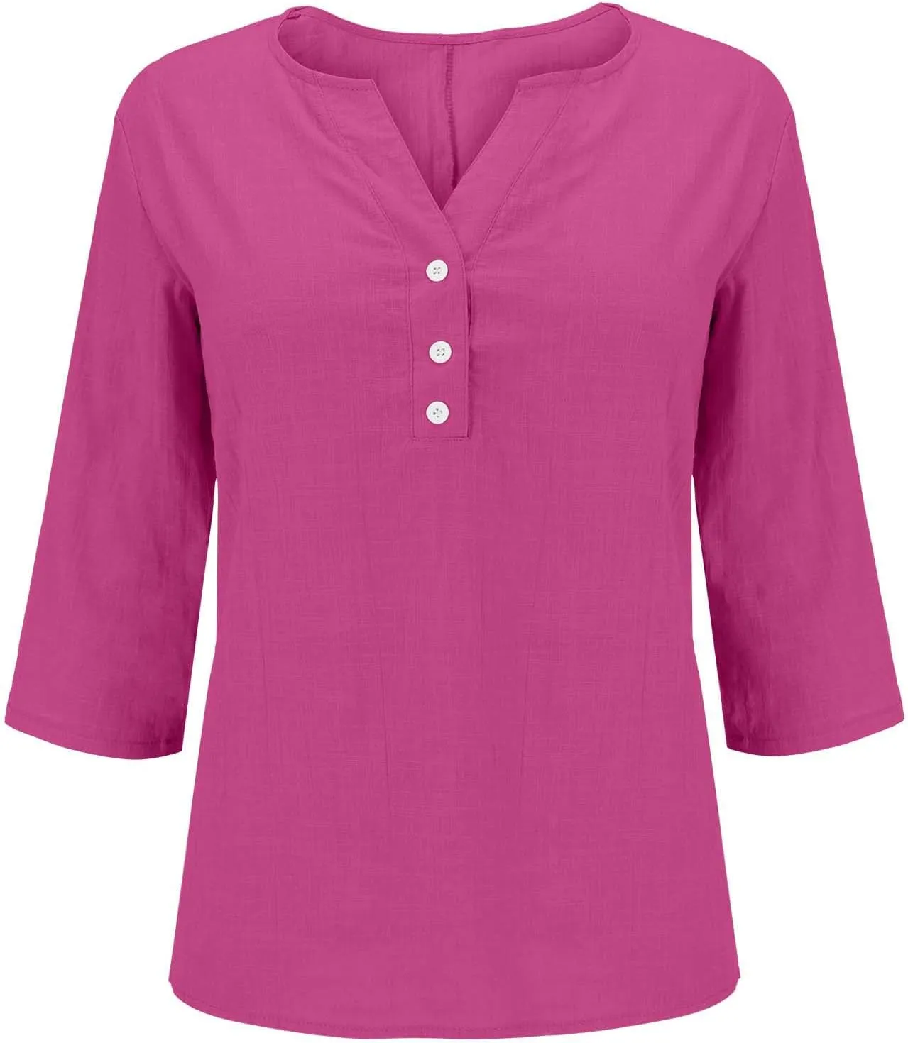 Summer Cotton Linen Shirts for Women 2025 Fashion Solid Color V Neck 3/4 Sleeve Tops Plus Size Casual Loose Blouses