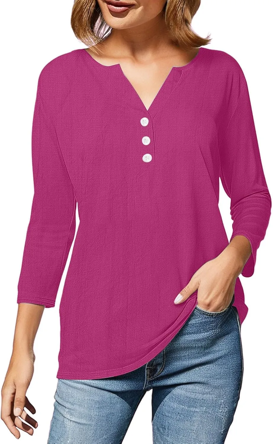 Summer Cotton Linen Shirts for Women 2025 Fashion Solid Color V Neck 3/4 Sleeve Tops Plus Size Casual Loose Blouses