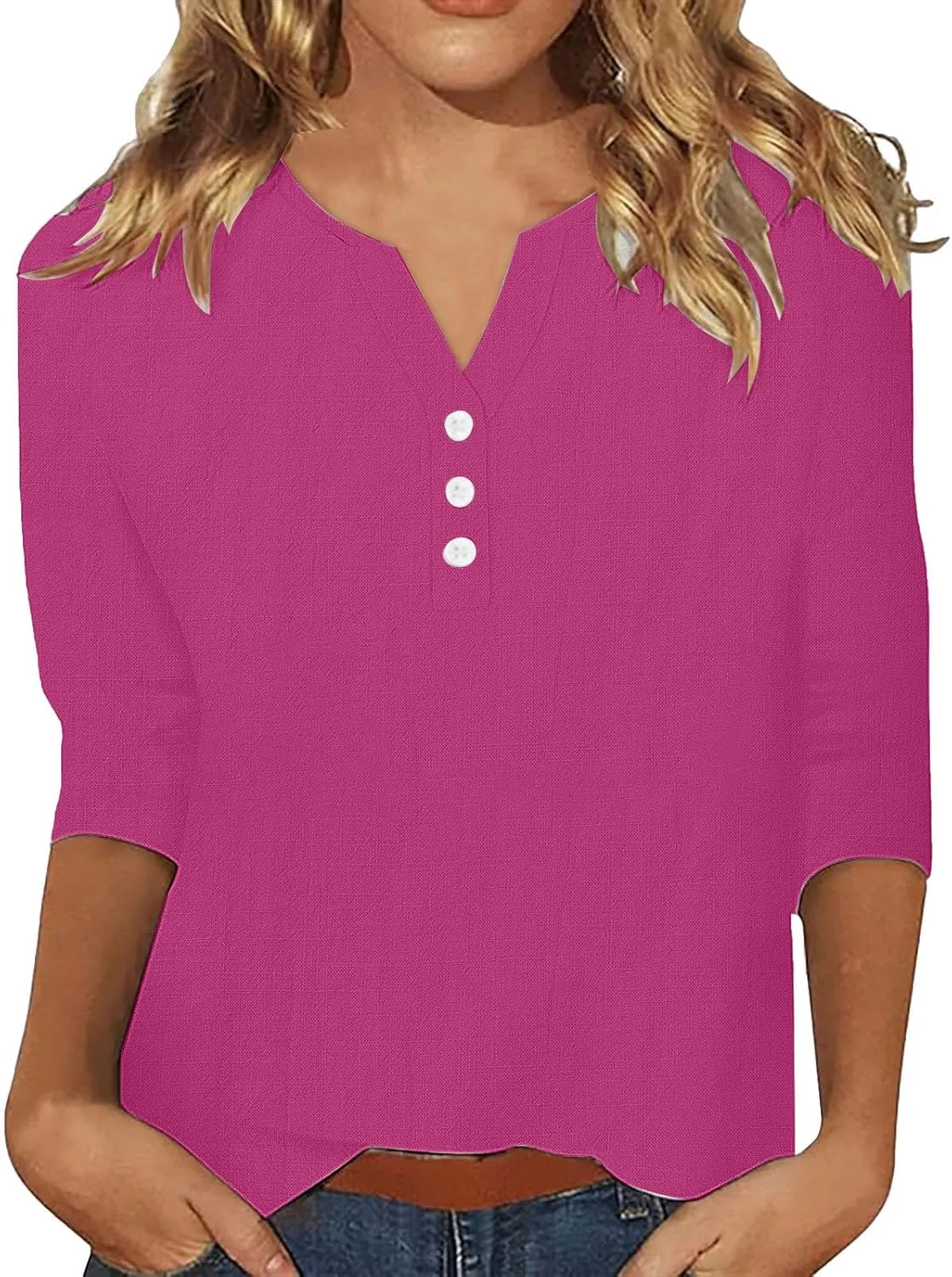 Summer Cotton Linen Shirts for Women 2025 Fashion Solid Color V Neck 3/4 Sleeve Tops Plus Size Casual Loose Blouses