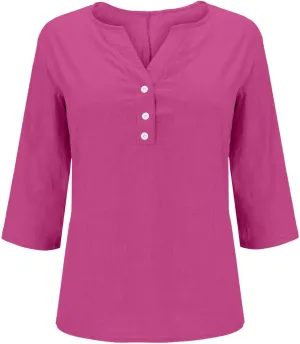 Summer Cotton Linen Shirts for Women 2025 Fashion Solid Color V Neck 3/4 Sleeve Tops Plus Size Casual Loose Blouses