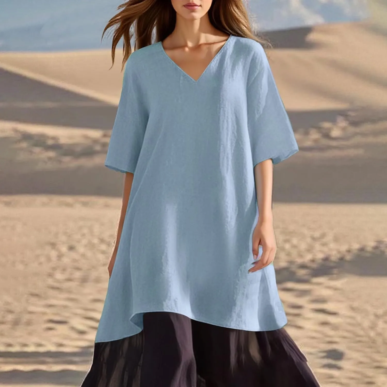 Summer Dress Women Fashion Solid Casual V Neck Five Point Sleeve Sexy Comfortable Dress