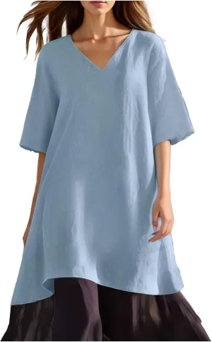Summer Dress Women Fashion Solid Casual V Neck Five Point Sleeve Sexy Comfortable Dress
