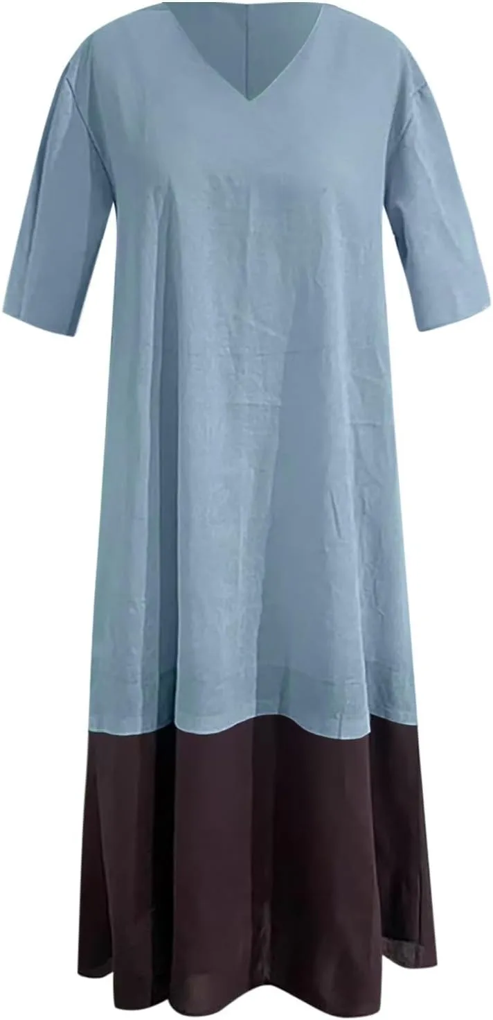 Summer Dress Women Fashion Solid Casual V Neck Five Point Sleeve Sexy Comfortable Dress