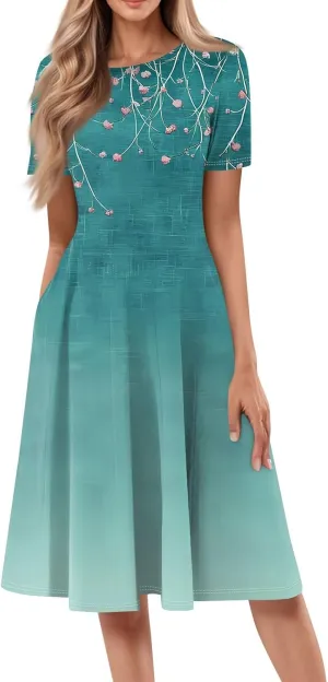 Summer Dresses for Women 2025 Beach Vacation Elegant Crewneck Short Sleeve Midi Sun Dress A Line Dress Side Pockets