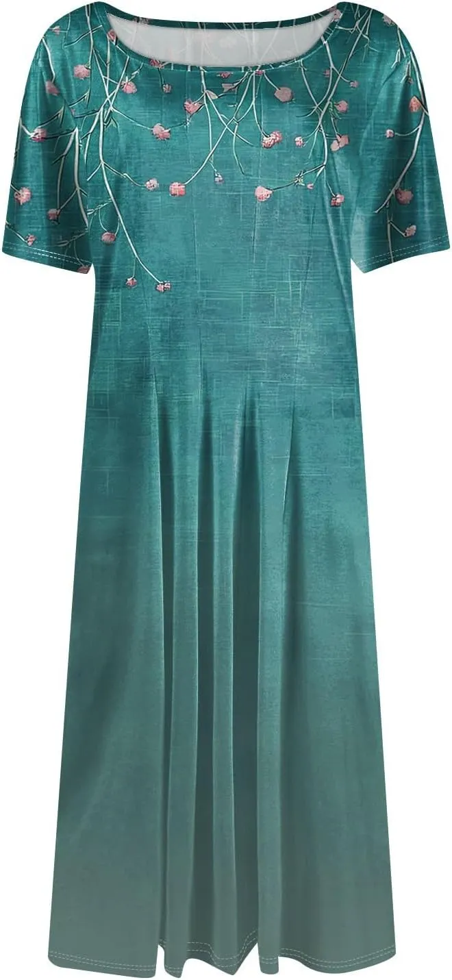Summer Dresses for Women 2025 Beach Vacation Elegant Crewneck Short Sleeve Midi Sun Dress A Line Dress Side Pockets