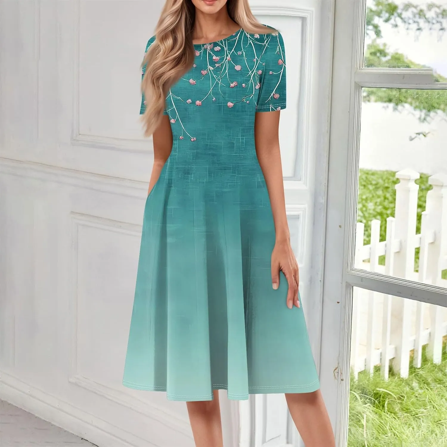 Summer Dresses for Women 2025 Beach Vacation Elegant Crewneck Short Sleeve Midi Sun Dress A Line Dress Side Pockets