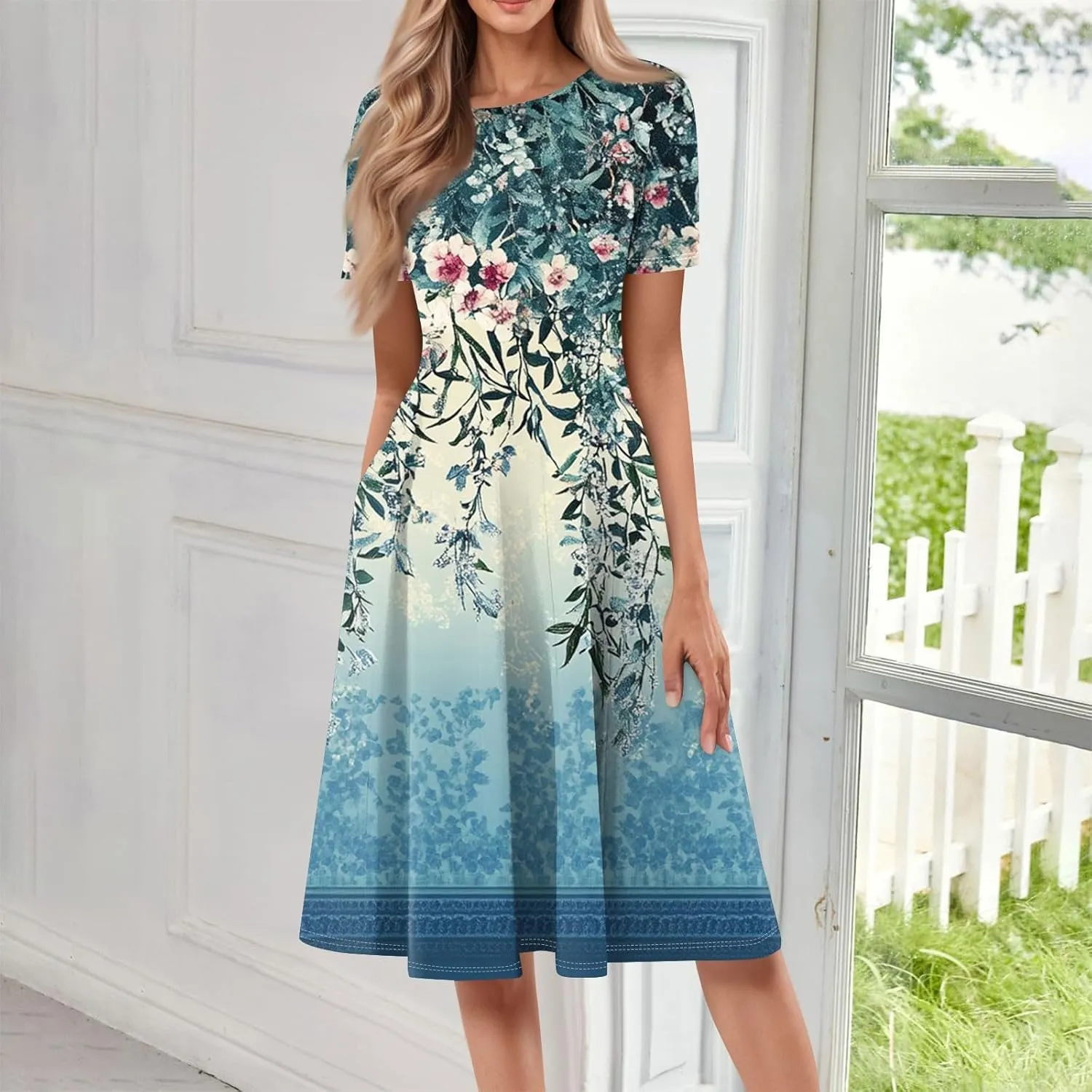 Summer Dresses for Women 2025 Beach Vacation Elegant Midi Sun Dress Crewneck Short Sleeve A Line Dress Side Pockets