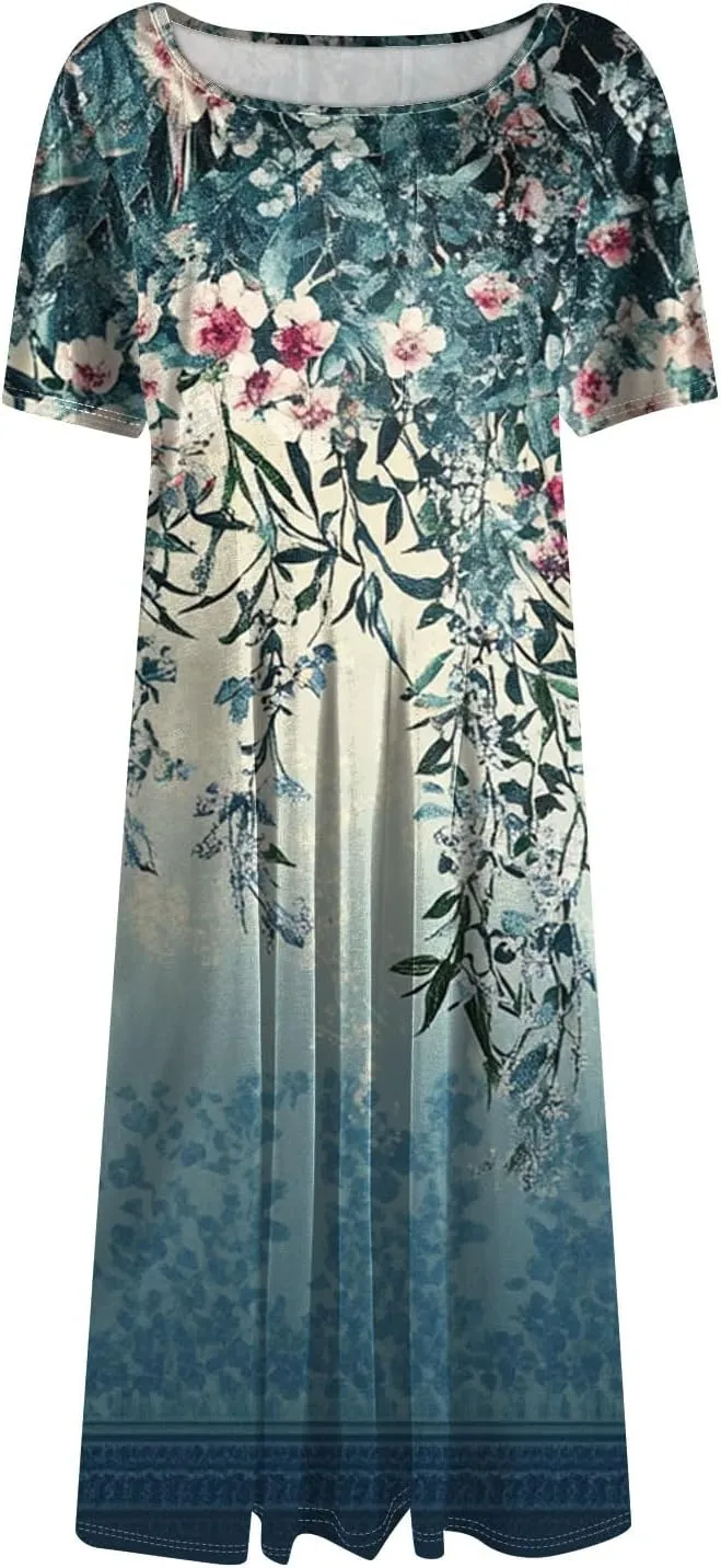 Summer Dresses for Women 2025 Beach Vacation Elegant Midi Sun Dress Crewneck Short Sleeve A Line Dress Side Pockets