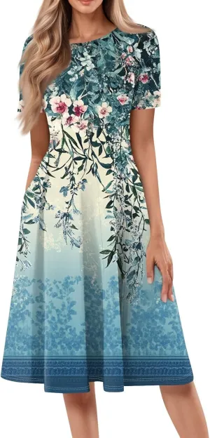 Summer Dresses for Women 2025 Beach Vacation Elegant Midi Sun Dress Crewneck Short Sleeve A Line Dress Side Pockets