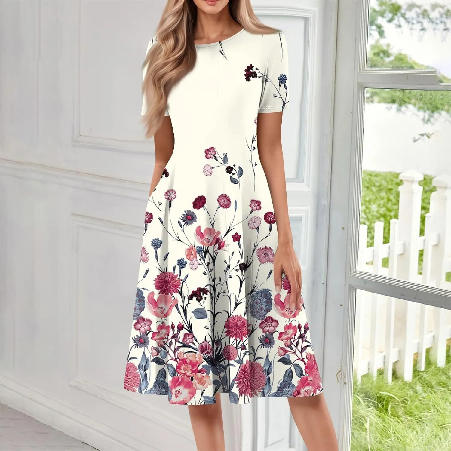 Summer Dresses for Women 2025 Beach Vacation Elegant Midi Sun Dress Crewneck Short Sleeve A Line Dress Side Pockets