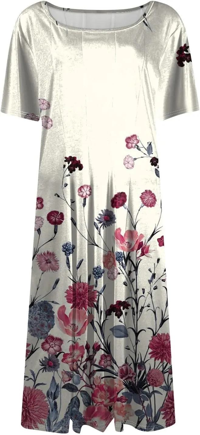 Summer Dresses for Women 2025 Beach Vacation Elegant Midi Sun Dress Crewneck Short Sleeve A Line Dress Side Pockets