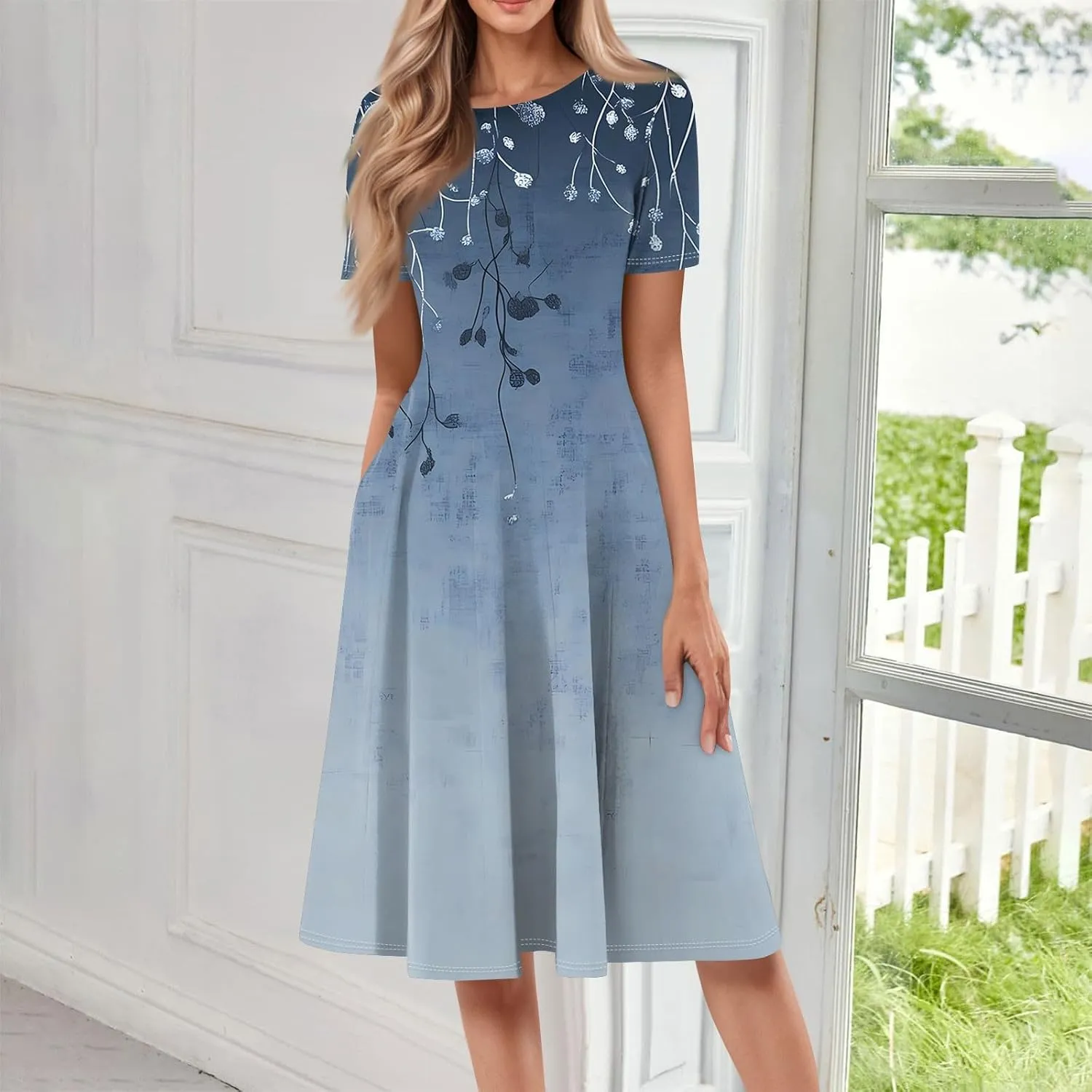 Summer Dresses for Women 2025 Beach Vacation Elegant Midi Sun Dress Crewneck Short Sleeve A Line Dress Side Pockets