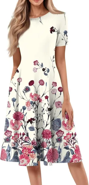 Summer Dresses for Women 2025 Beach Vacation Elegant Midi Sun Dress Crewneck Short Sleeve A Line Dress Side Pockets