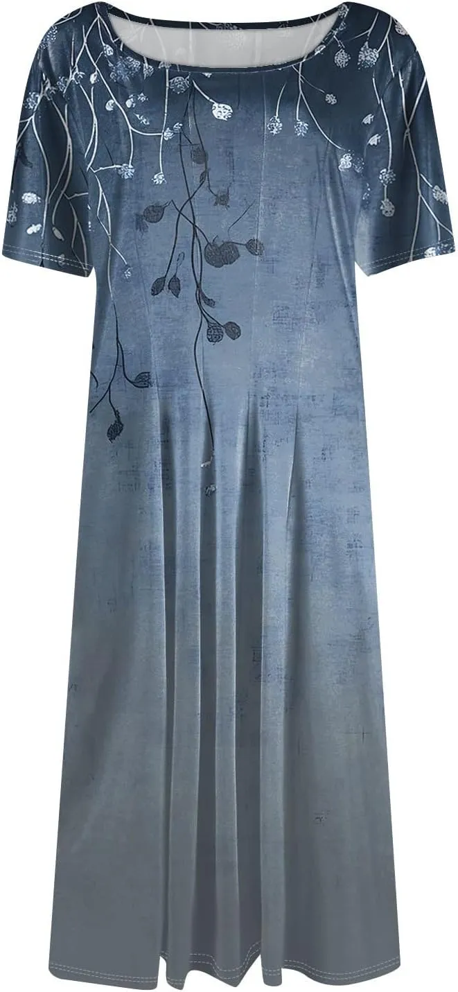 Summer Dresses for Women 2025 Beach Vacation Elegant Midi Sun Dress Crewneck Short Sleeve A Line Dress Side Pockets