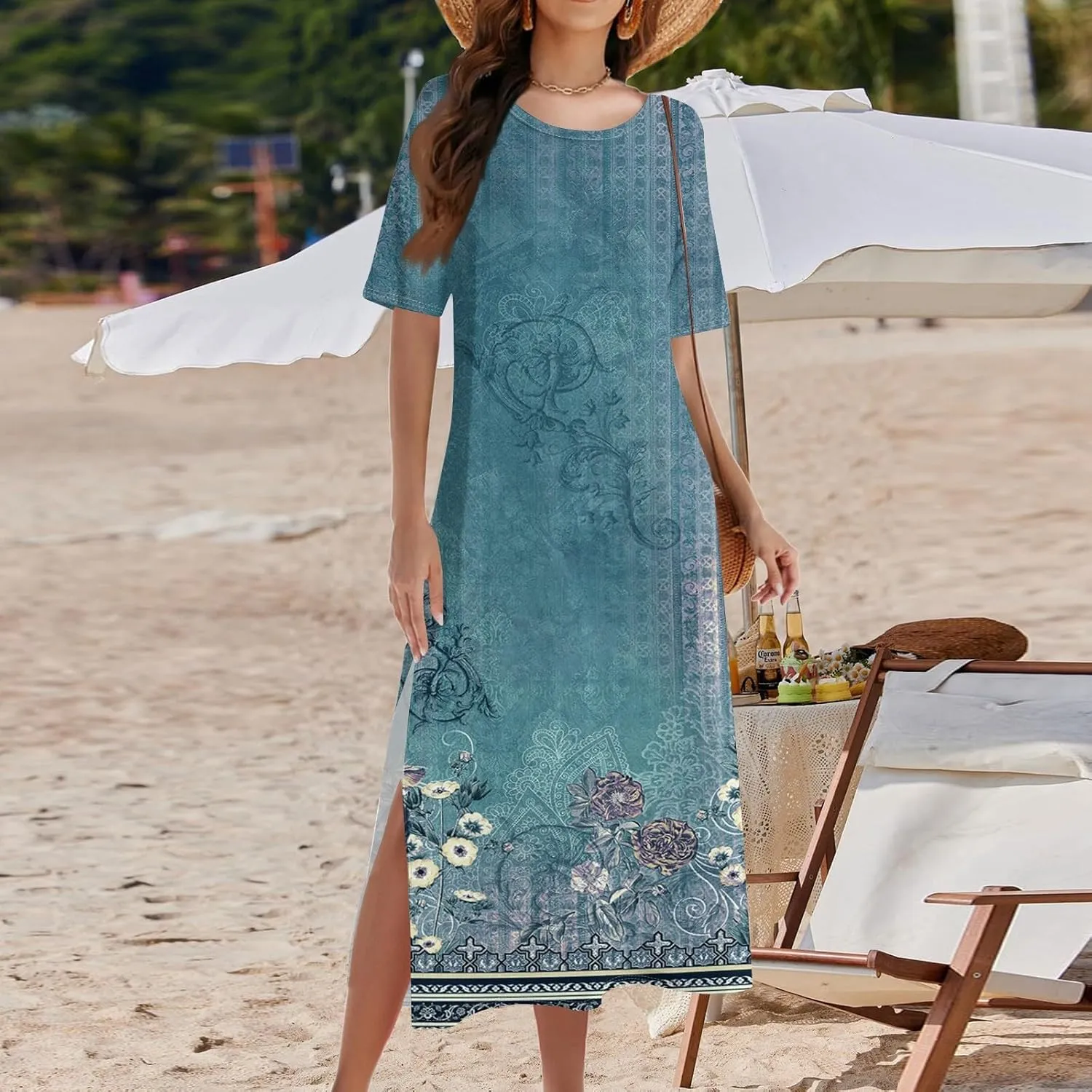 Summer Dresses for Women 2025 Beach Vacation Spring Clothes Short Sleeve Round Neck Maxi Dresses