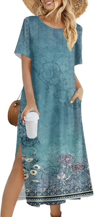 Summer Dresses for Women 2025 Beach Vacation Spring Clothes Short Sleeve Round Neck Maxi Dresses
