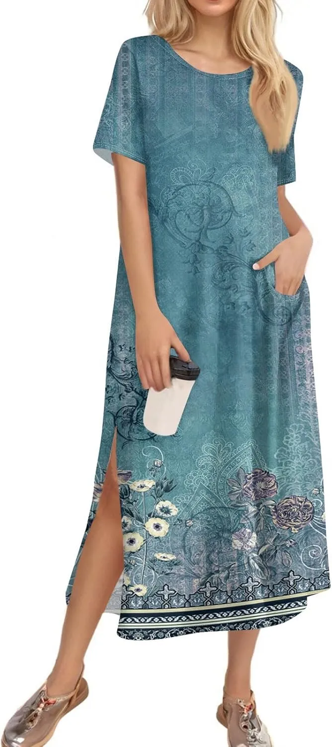 Summer Dresses for Women 2025 Beach Vacation Spring Clothes Short Sleeve Round Neck Maxi Dresses