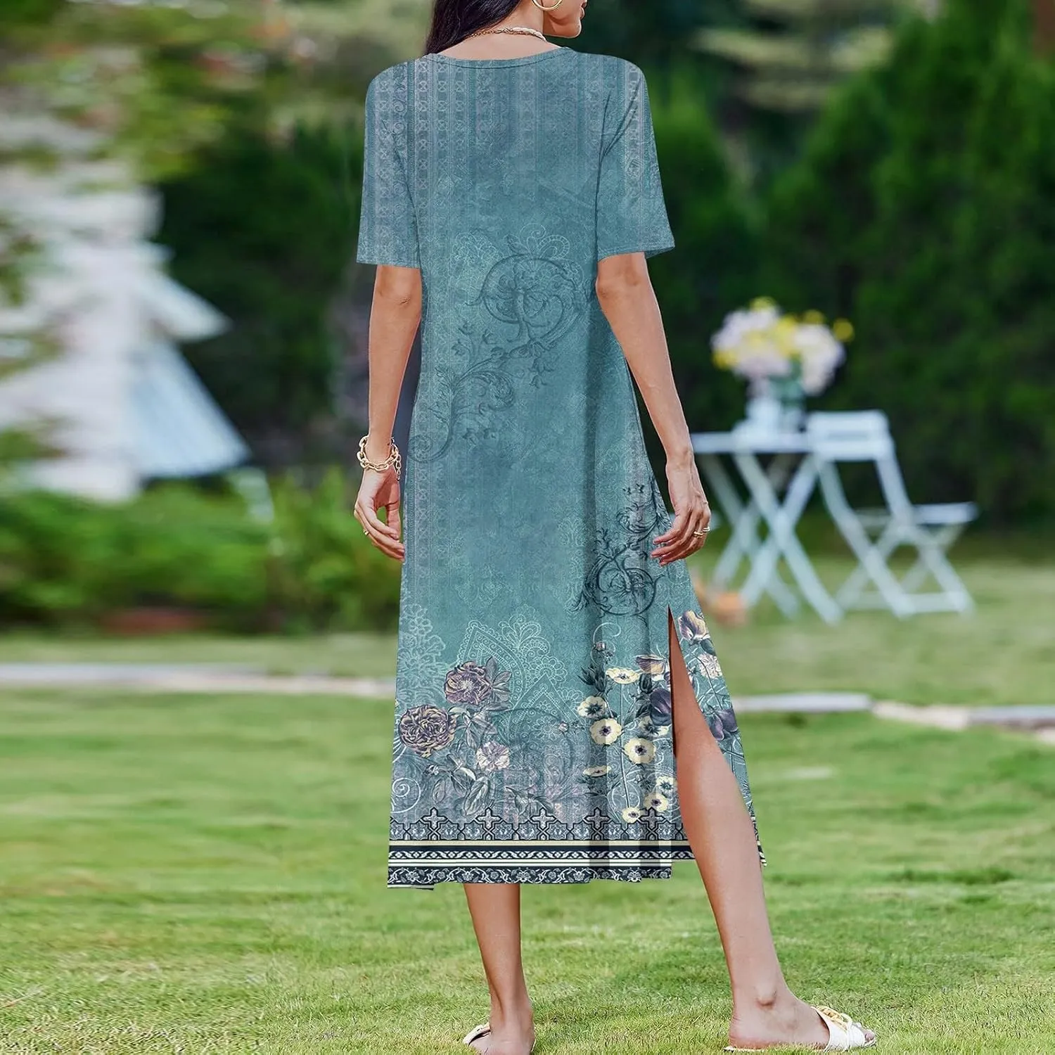 Summer Dresses for Women 2025 Beach Vacation Spring Clothes Short Sleeve Round Neck Maxi Dresses