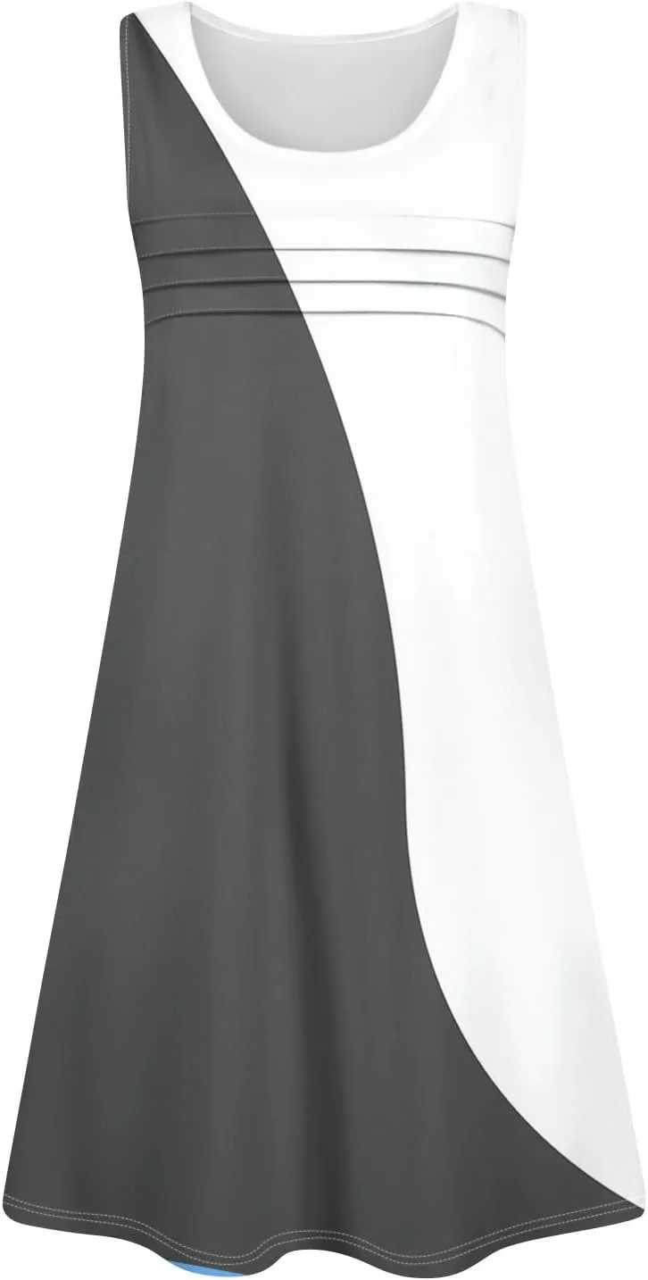 Summer Dresses for Women 2025 Casual Crewneck Sleeveless Tunic Dress Color Block Pleated Flowy Sundress with Pockets