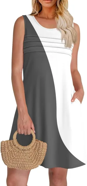 Summer Dresses for Women 2025 Casual Crewneck Sleeveless Tunic Dress Color Block Pleated Flowy Sundress with Pockets